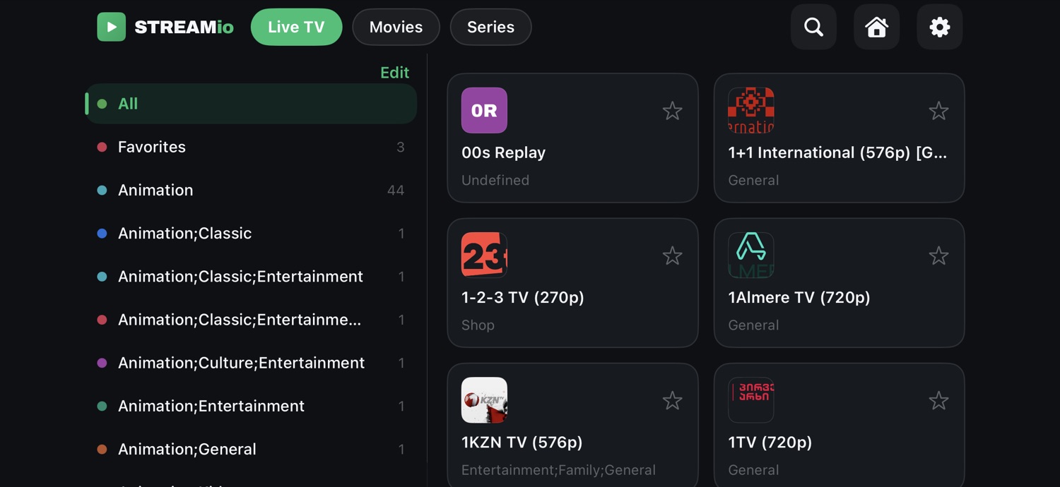 Live TV channel grid with categories