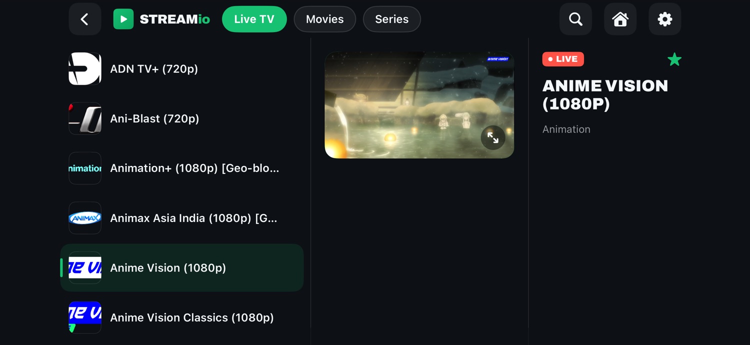 Channel detail with a live preview and programme guide