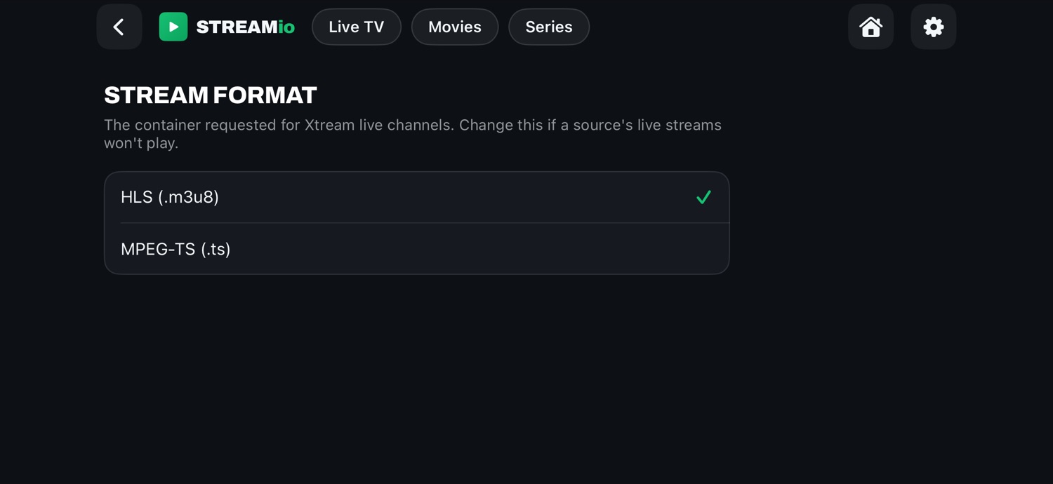 Stream format setting: HLS or MPEG-TS