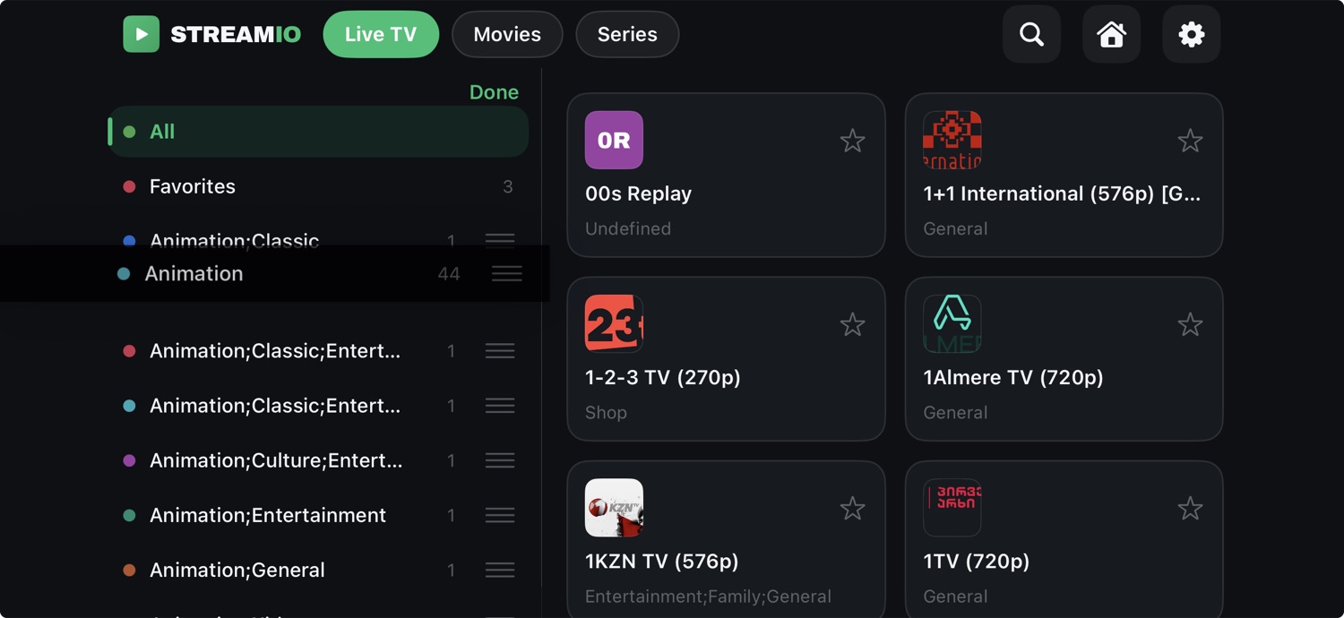 Edit mode: dragging to reorder categories, with All and Favorites pinned